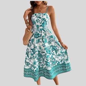 Boho Floral Cami Shirred Dress Turquoise